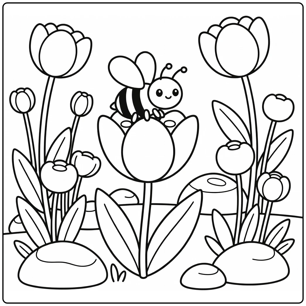 Bee coloring page with bee on tulip flower and garden stems