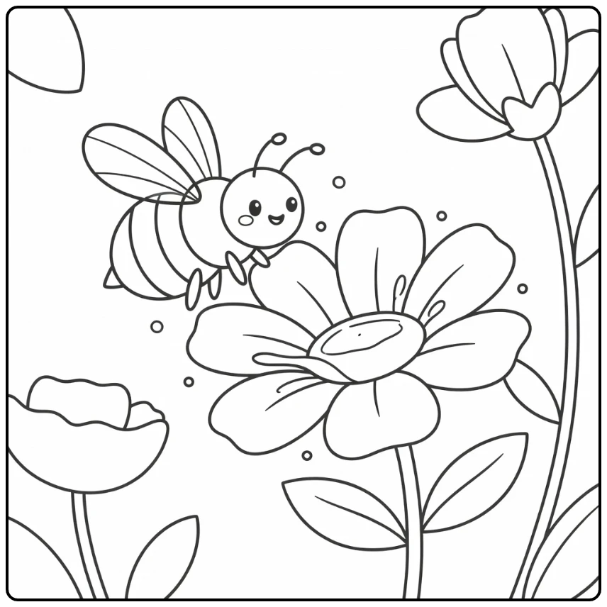 Bee coloring page with flower pollen and hovering bee