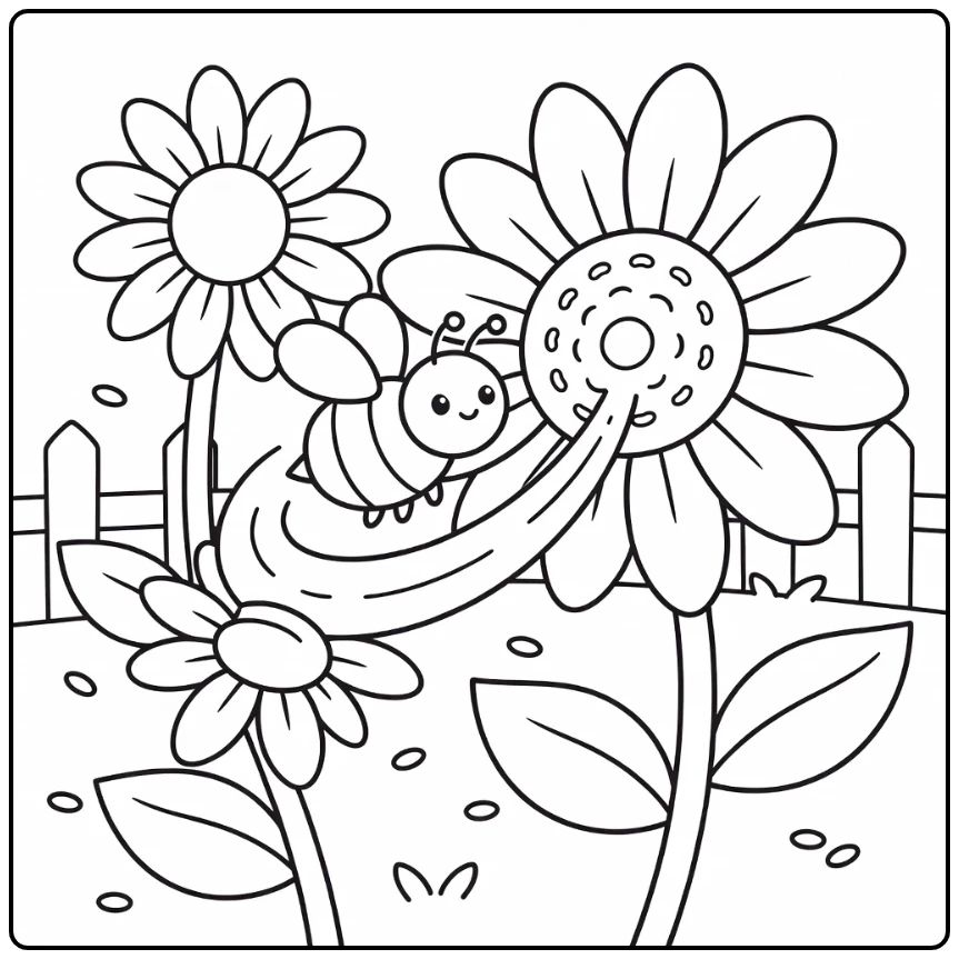 Bee coloring page of bee flying to sunflower bloom