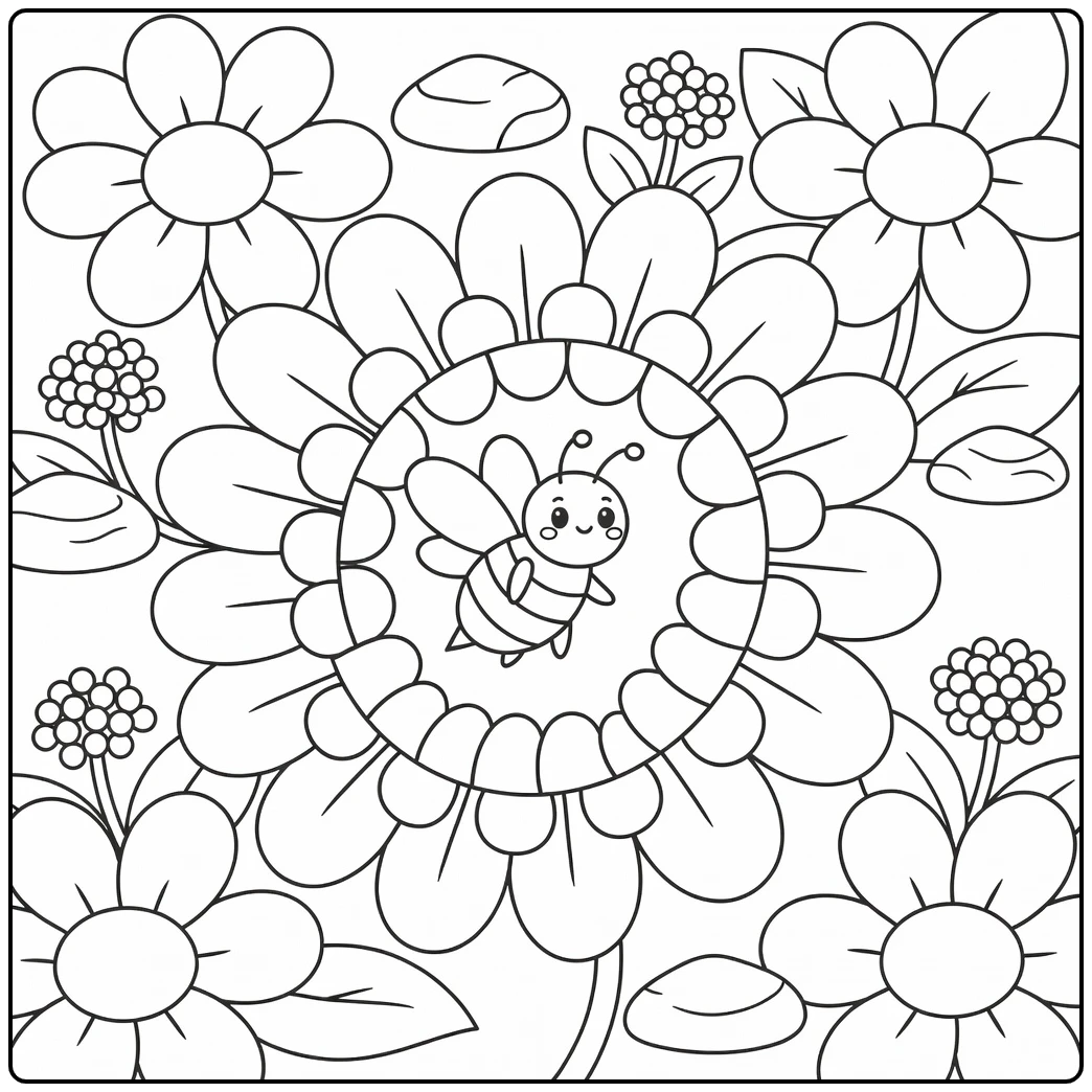 Bee coloring page bee circling spiral flower cluster top down