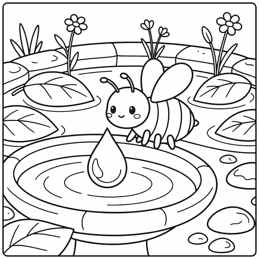 Bee coloring page of cute bee on birdbath reaching water drop
