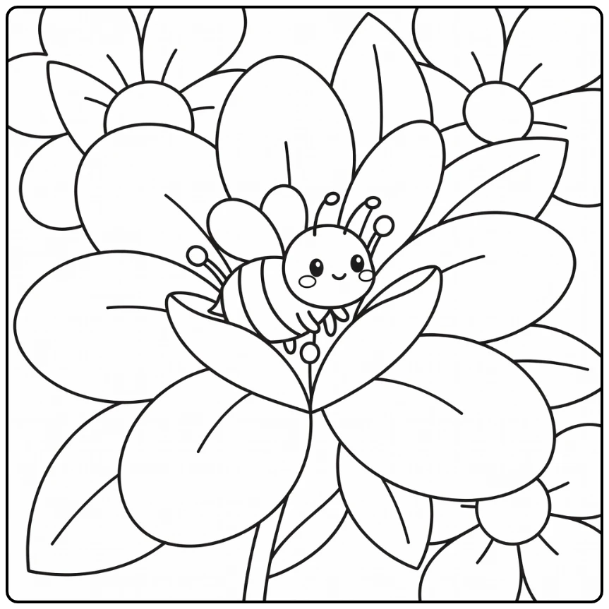 Bee coloring page of cute bee squeezing between petals