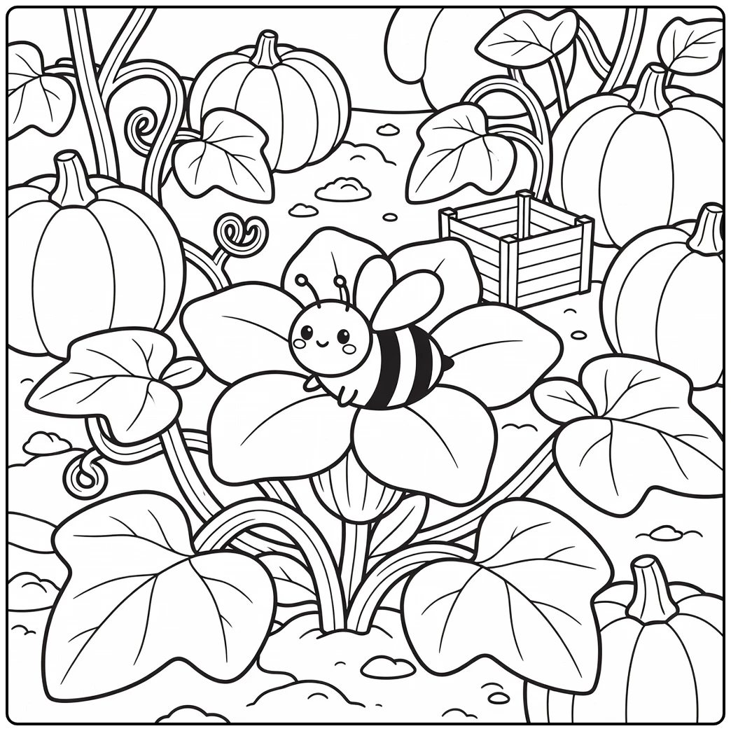 Bee coloring page of bee on pumpkin vine blossom in garden
