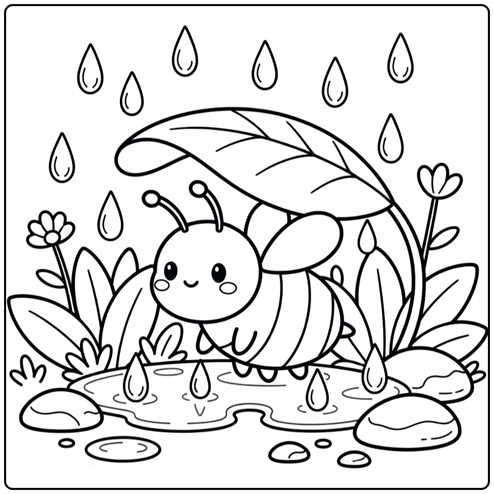 Bee coloring page cute bee under leaf in rain