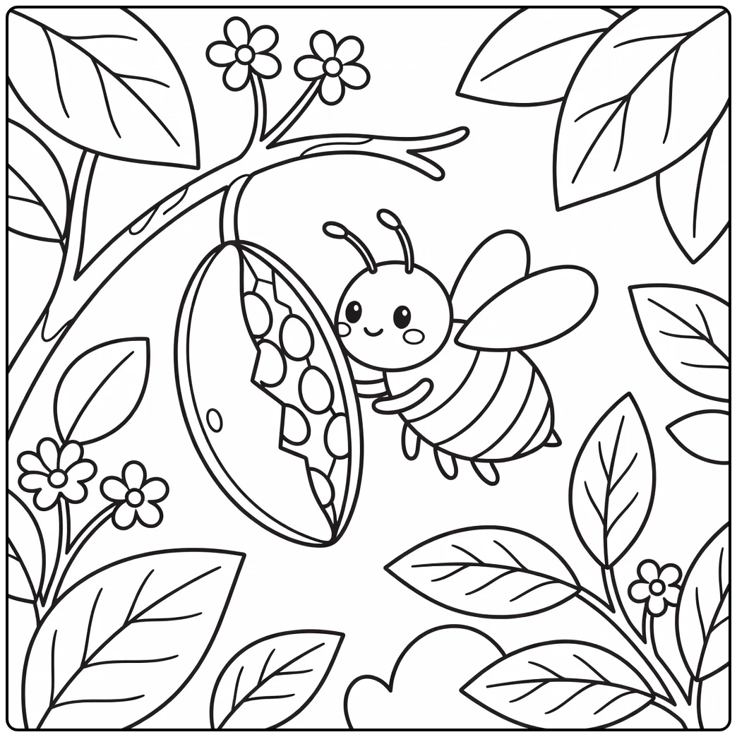 bee coloring page of bee inspecting cracked seed pod on branch