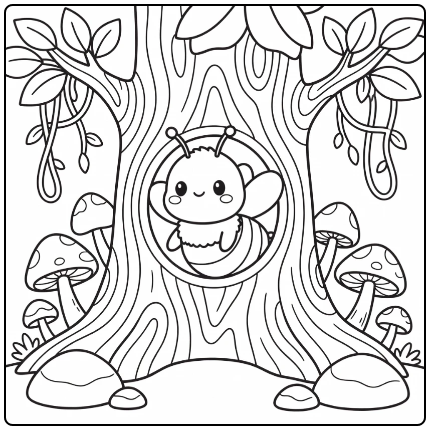 Bee Coloring Page of Bee Emerging from Tree Hive