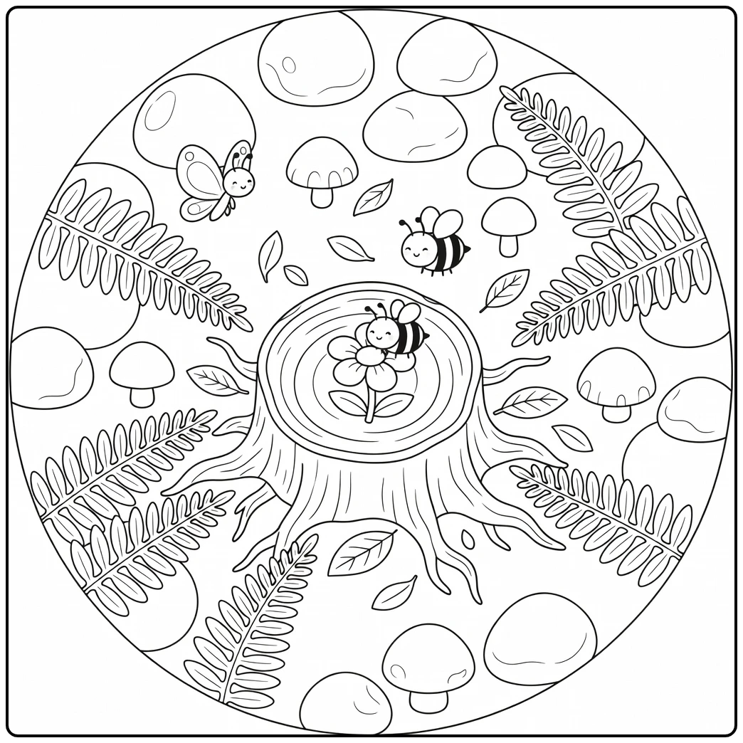 Bees and butterflies coloring page with ferns and mushrooms