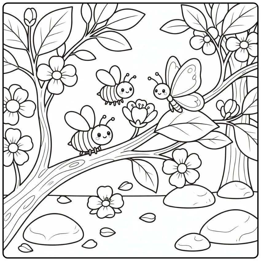 Bees and butterflies coloring page in orchard branch scene
