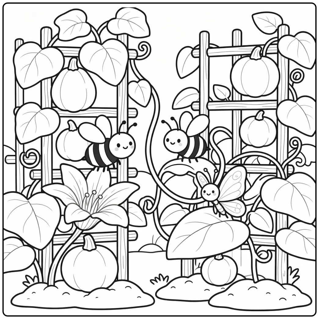 Bees and butterflies coloring page in vegetable garden trellis