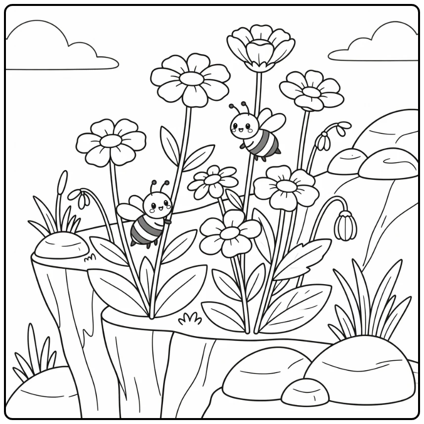 Bees and flowers coloring page with cliffside blossoms and rocks