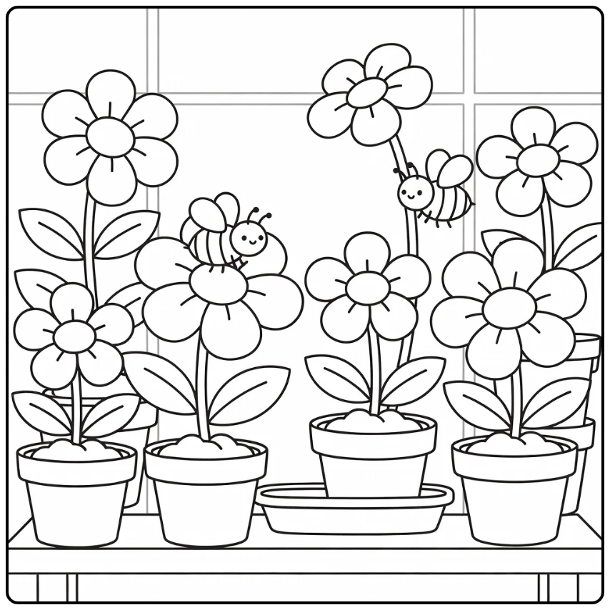 Bees and flowers coloring page with greenhouse shelf scene
