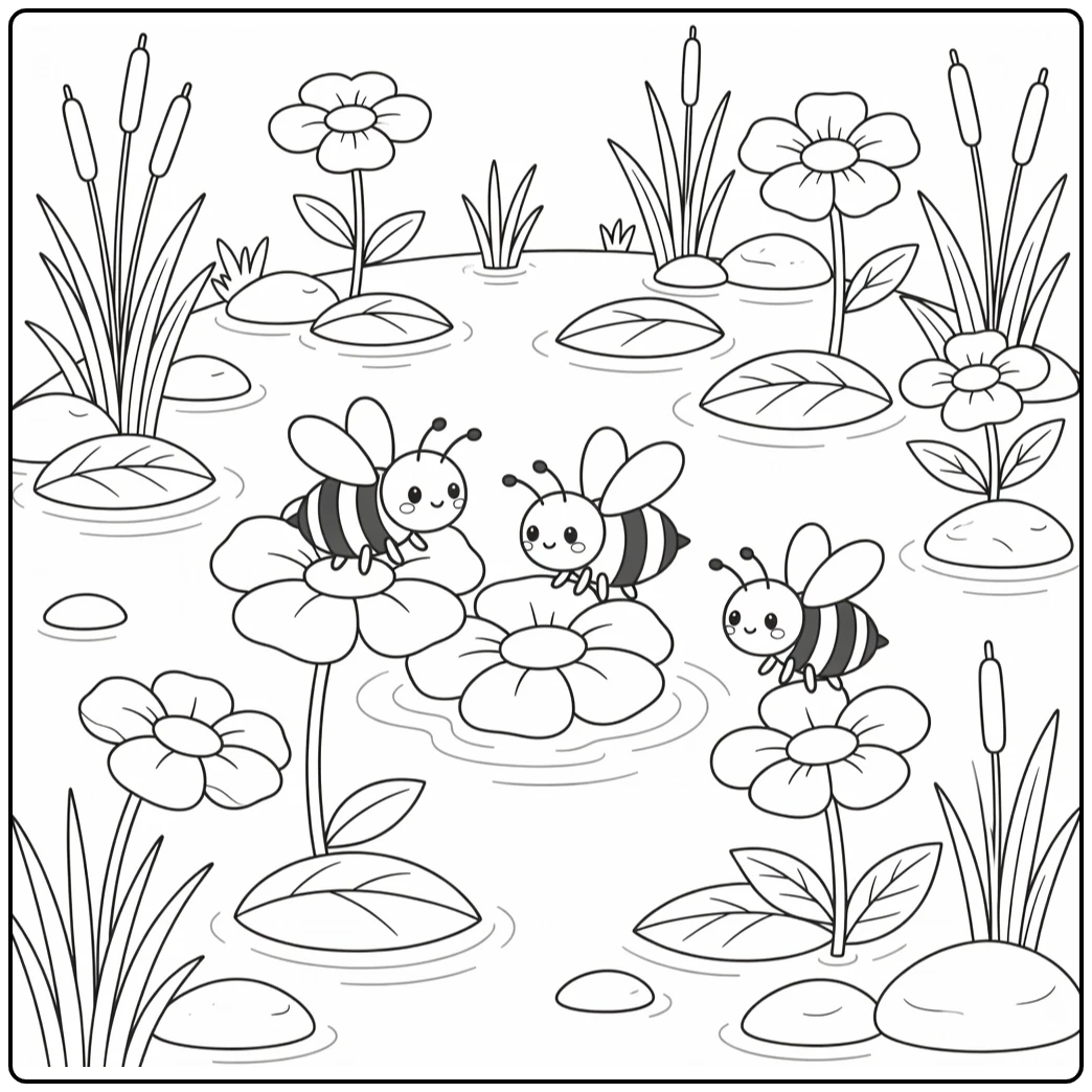 Bees and flowers coloring page in a tranquil pond garden