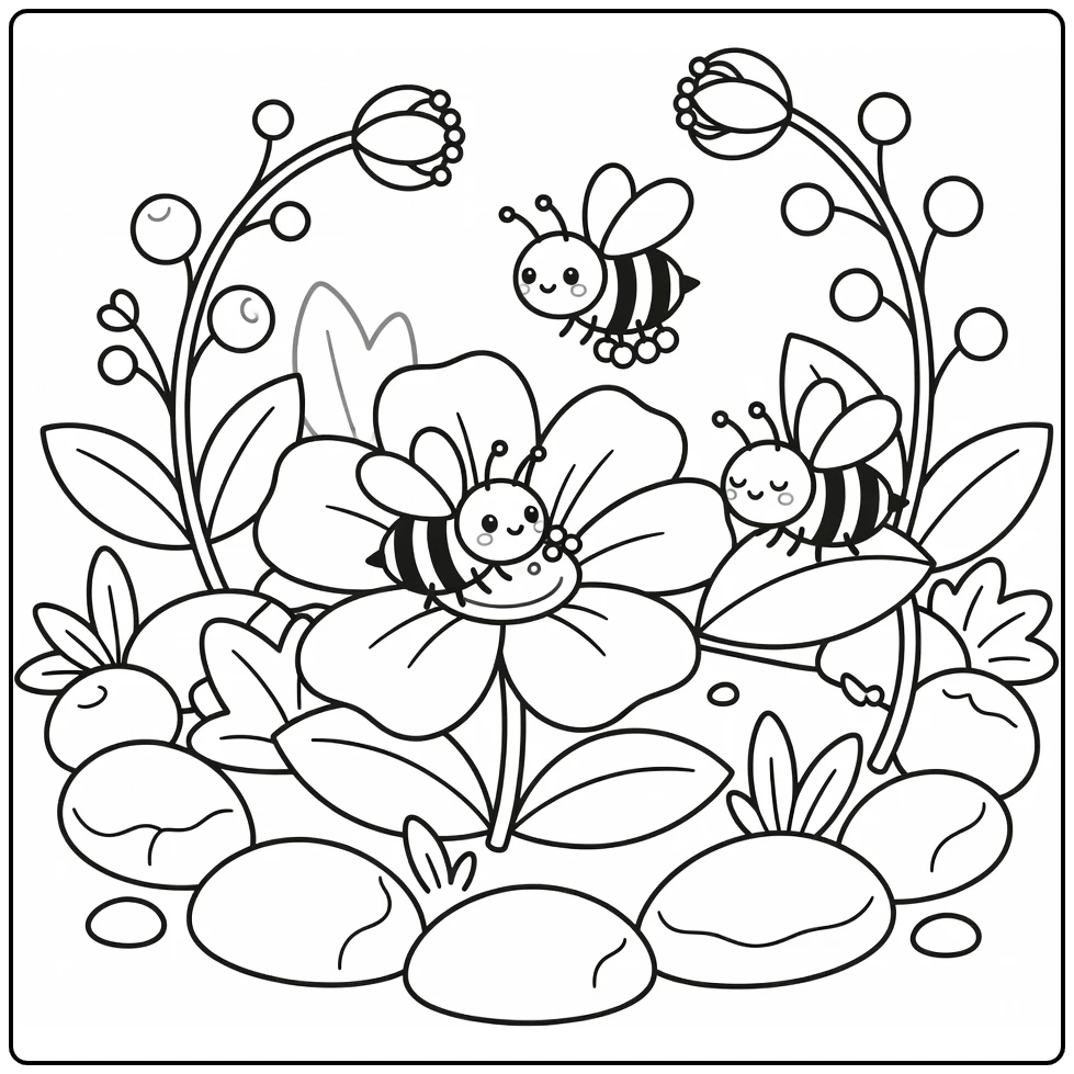 Bees coloring page showing bees gathering around a large blossom