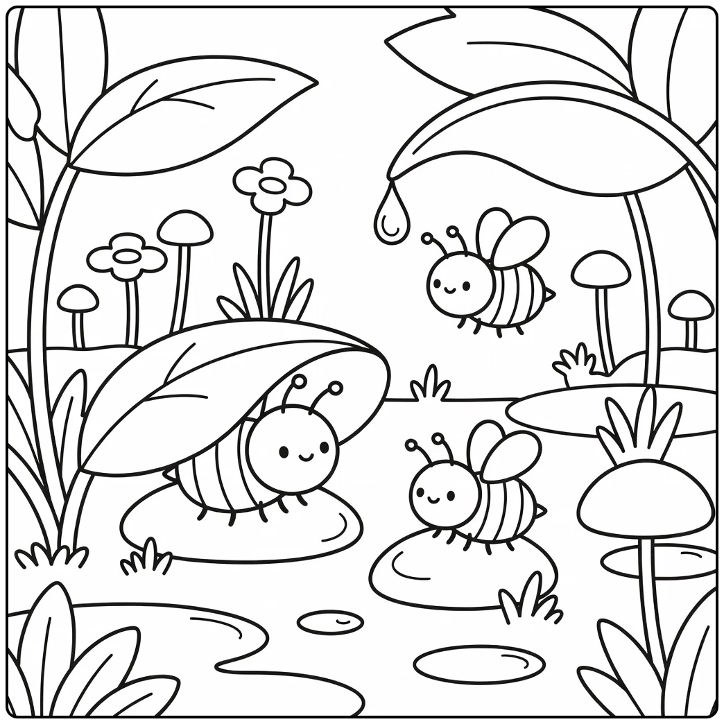 bees coloring page cute bees sheltering under leaf in rain