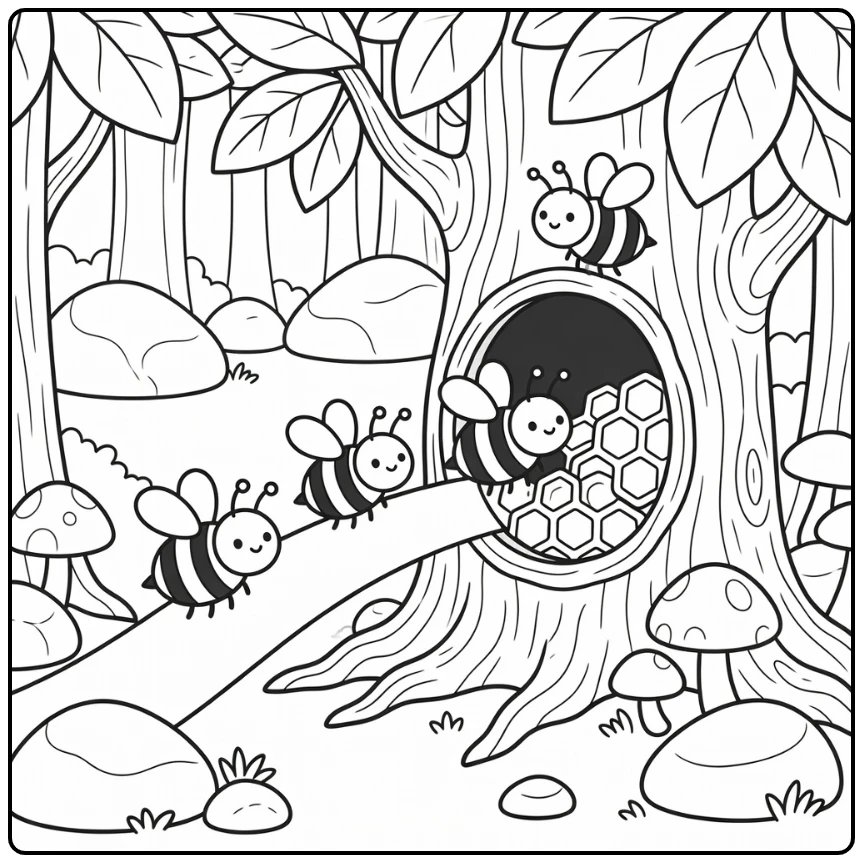 Bees coloring page of bees flying to hollow tree hive