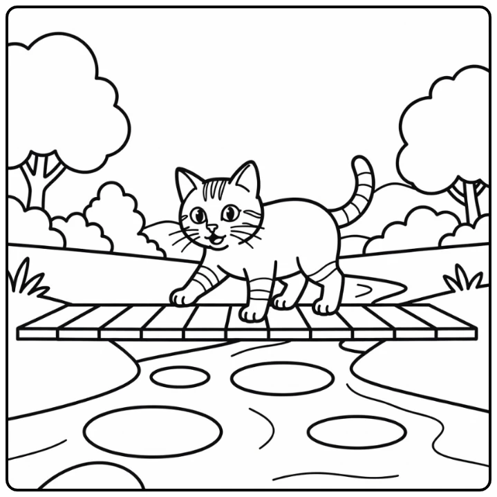 Curious Bengal cat on plank bridge over water, bengal cat coloring pages
