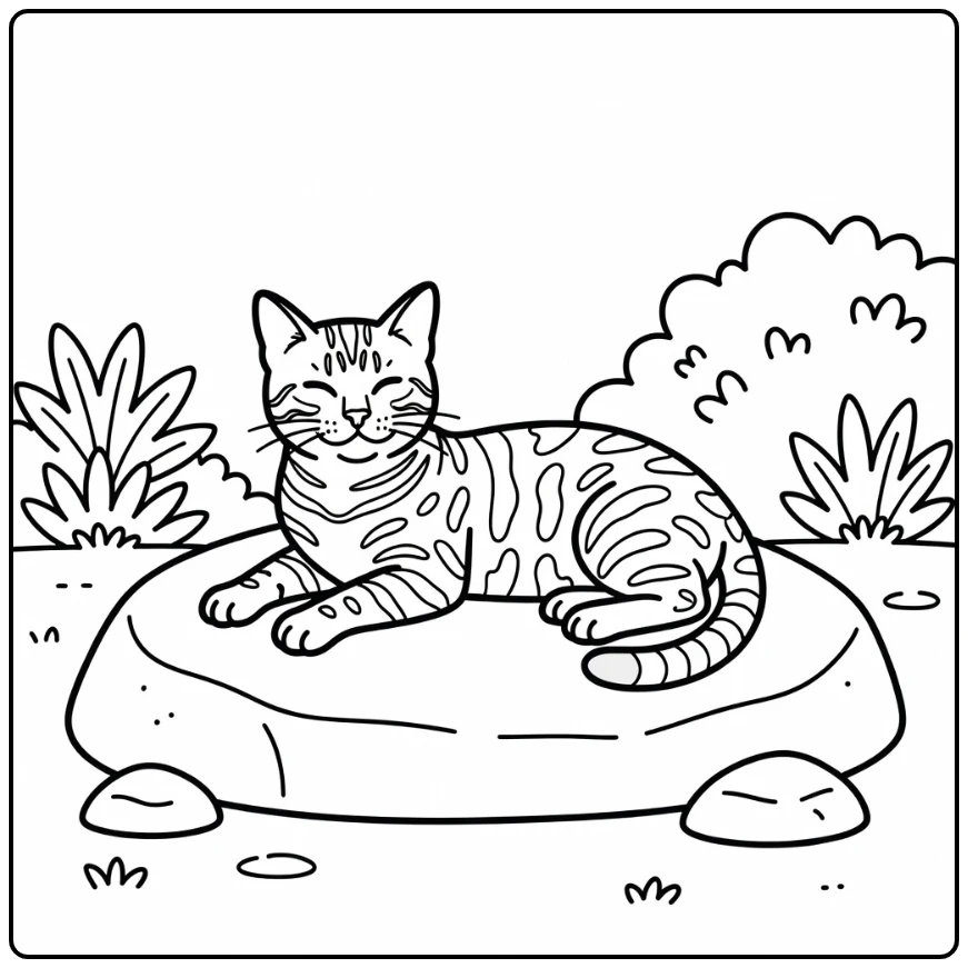 Bengal cat coloring pages: calm cat stretched on rock