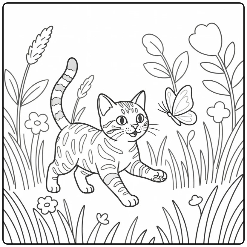 Playful Bengal cat chases butterfly in grass bengal cat coloring pages