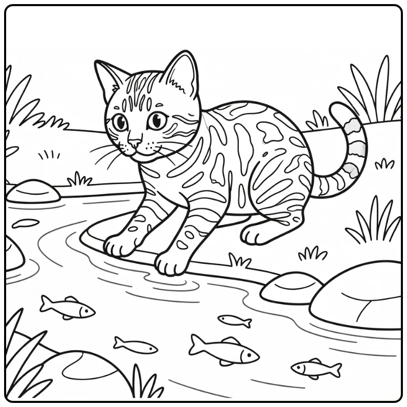 Curious Bengal cat by stream in bengal cat coloring pages