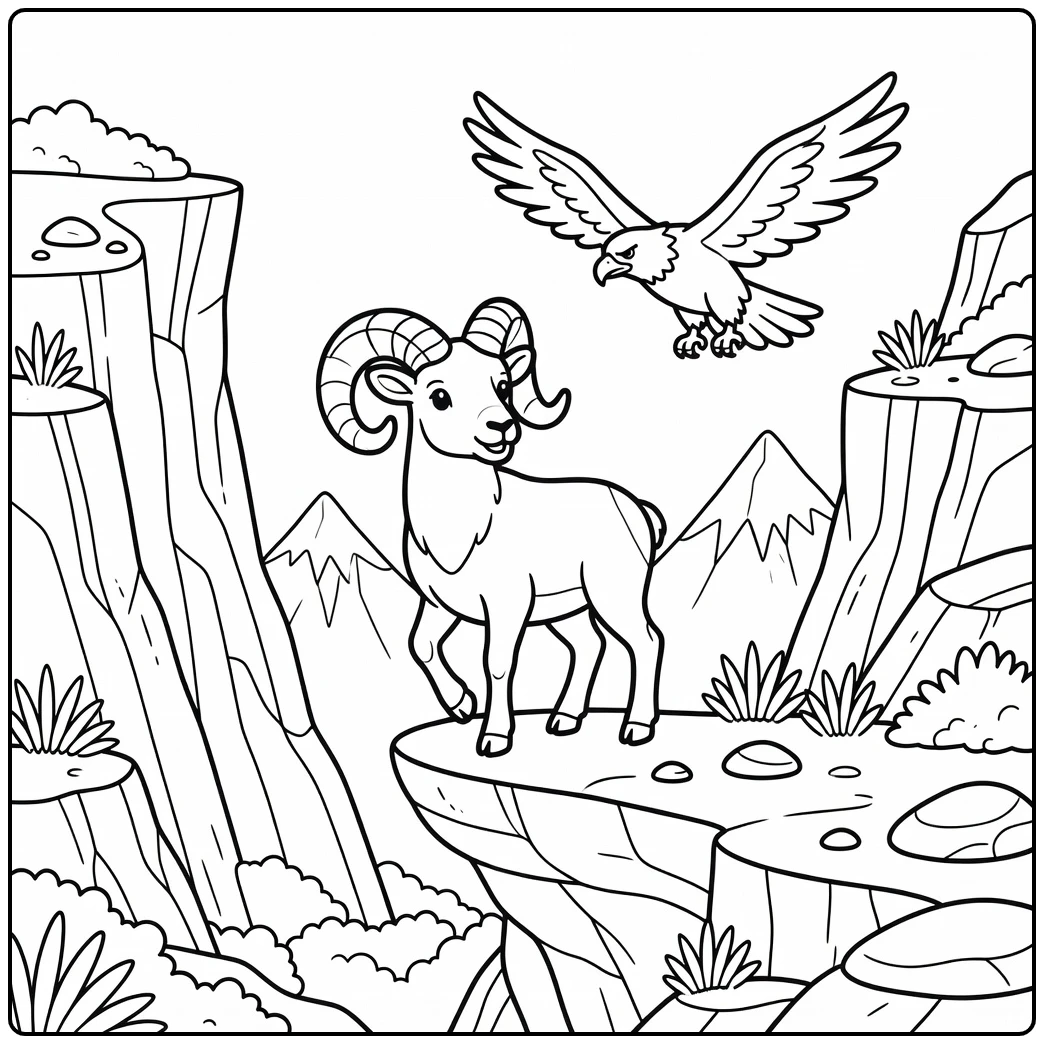 Bighorn Sheep coloring page on ledge with soaring eagle
