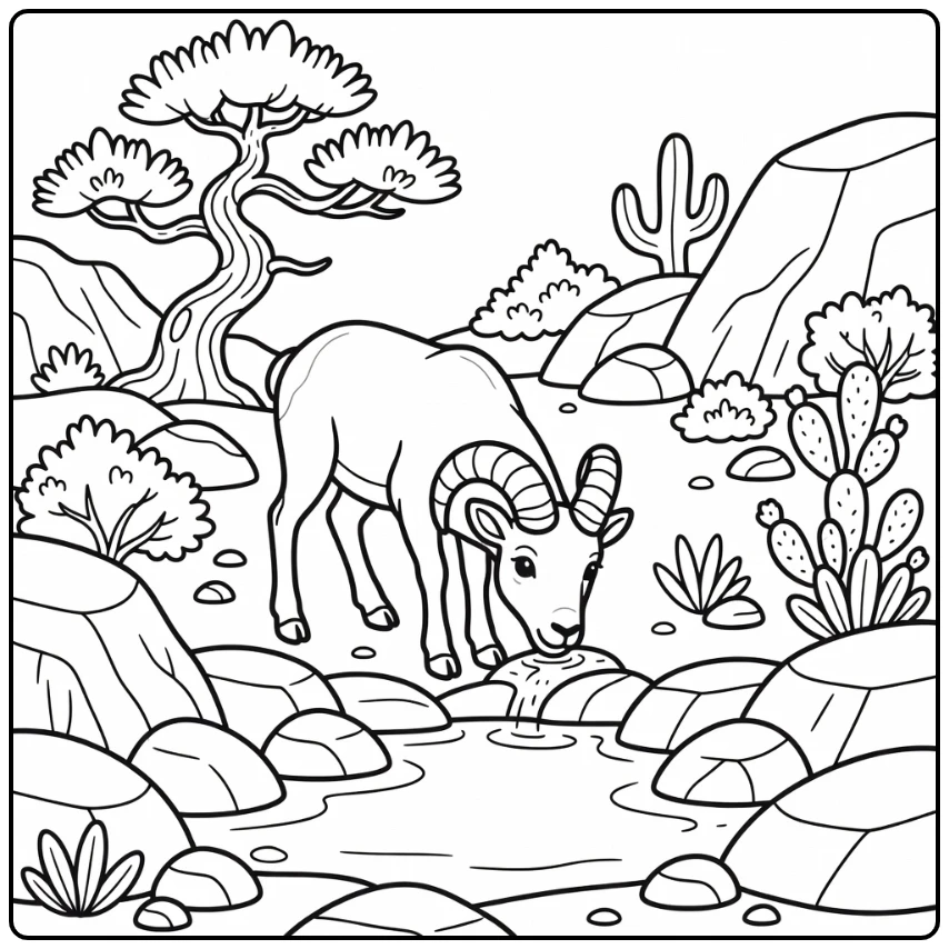 Bighorn Sheep coloring page drinking at canyon spring