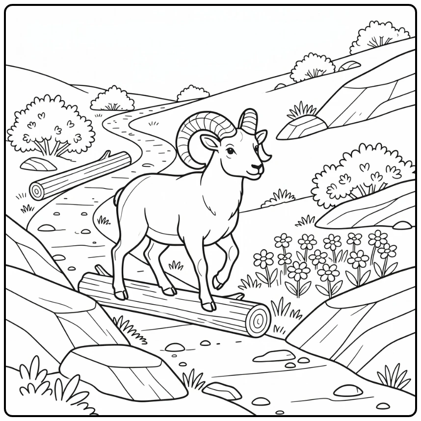 Bighorn Sheep coloring page in mountain flower scene