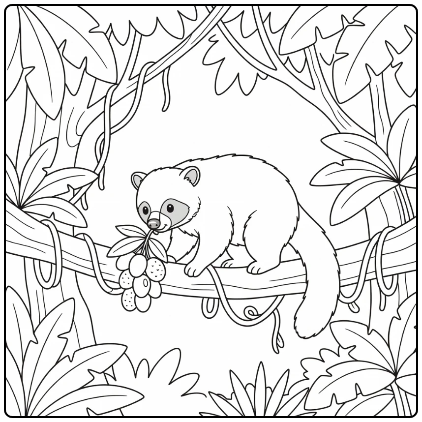 Jungle animals coloring page: binturong sniffing fruit on canopy limb