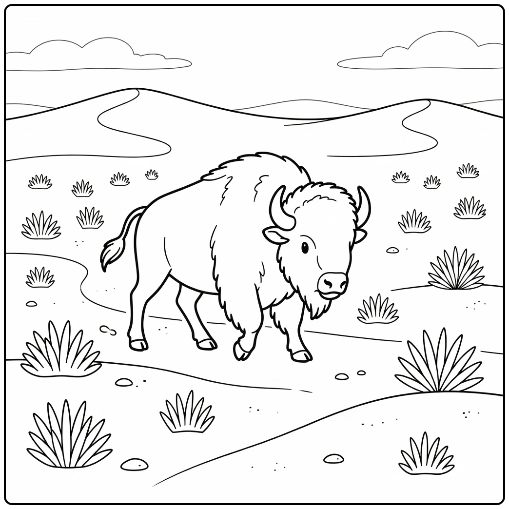 Cute bison walking prairie dunes field bison coloring pages