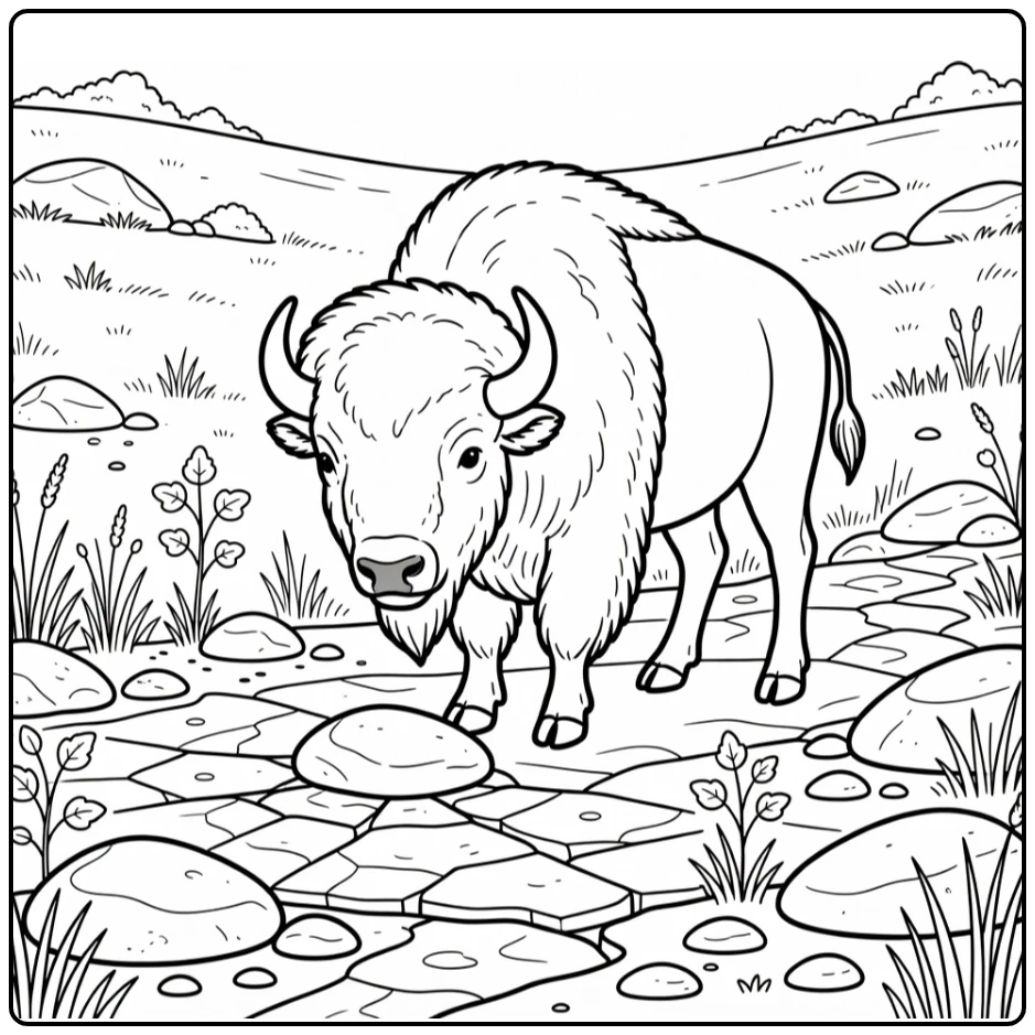 Bison coloring pages: cute bison sniffing stone in dry creek