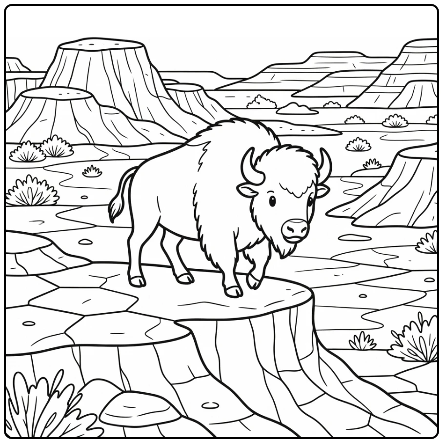 Bison coloring pages: shaggy bison on badlands ledge