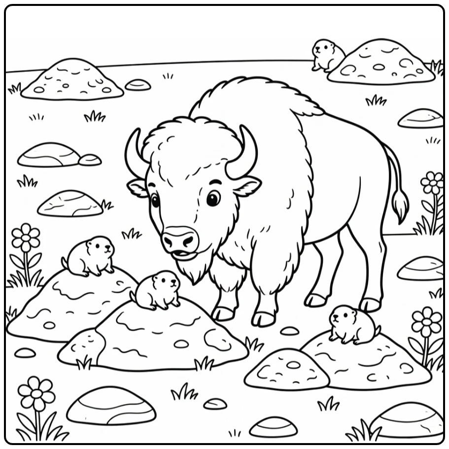 Bison coloring pages: bison sniffing prairie dog mound in grassland