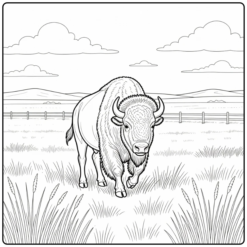 Realistic animal coloring page: bison in prairie