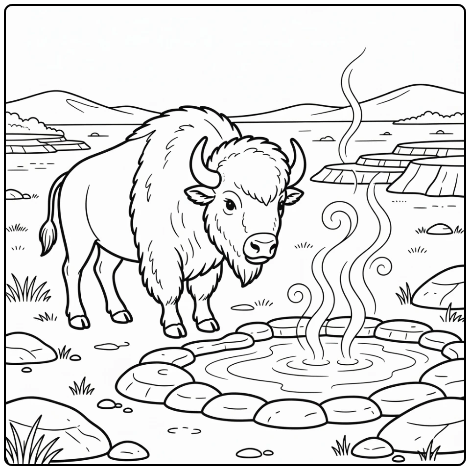 Bison by steaming geothermal pool on plain, bison coloring pages