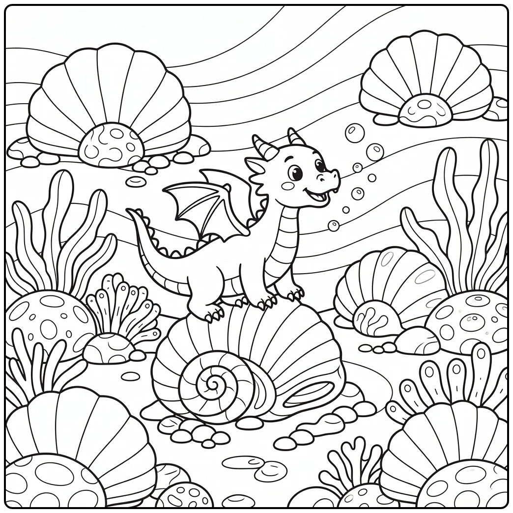 Blue dragon coloring page: playful dragon on shell guiding bubbles