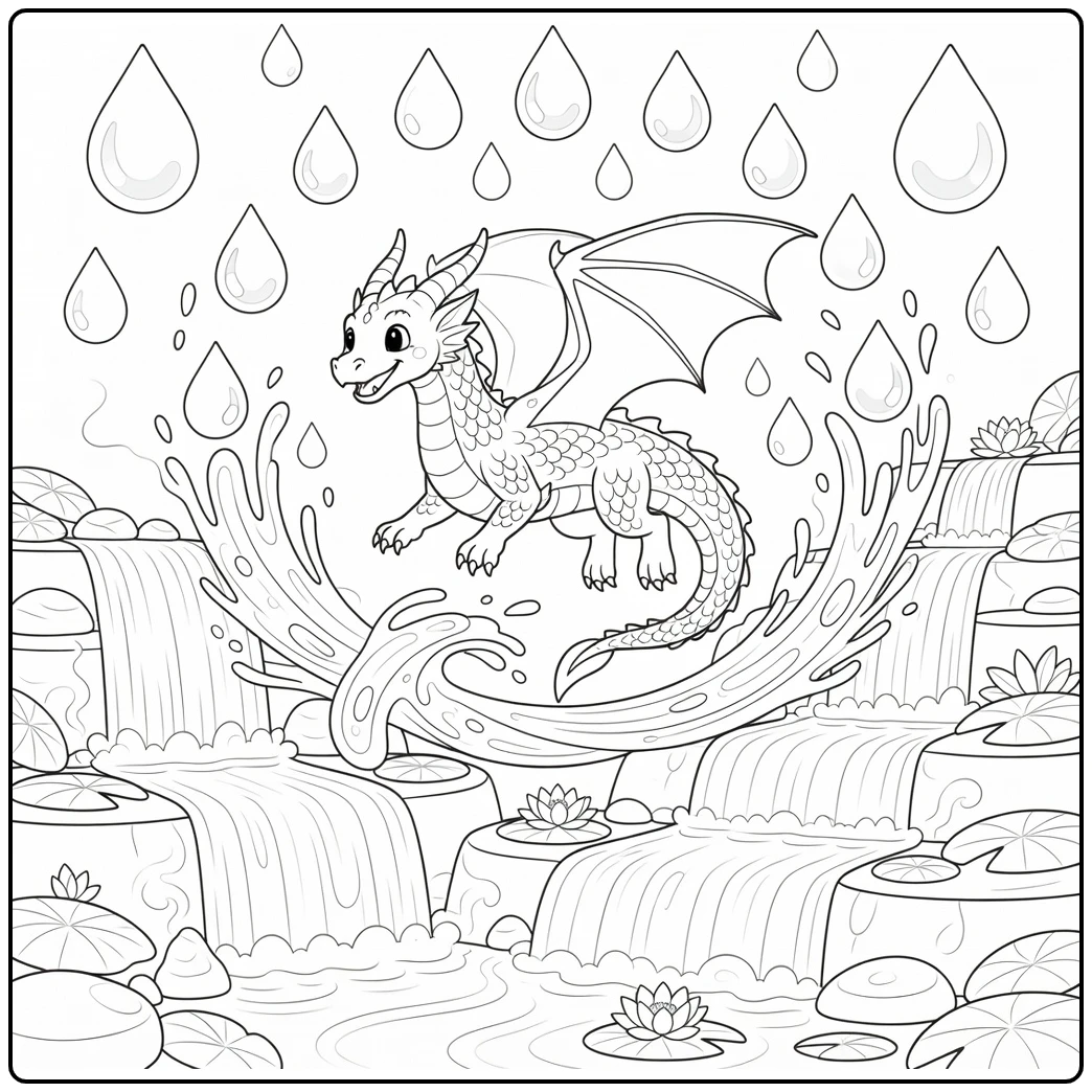 Blue dragon coloring page: diving thru raindrop ring over falls