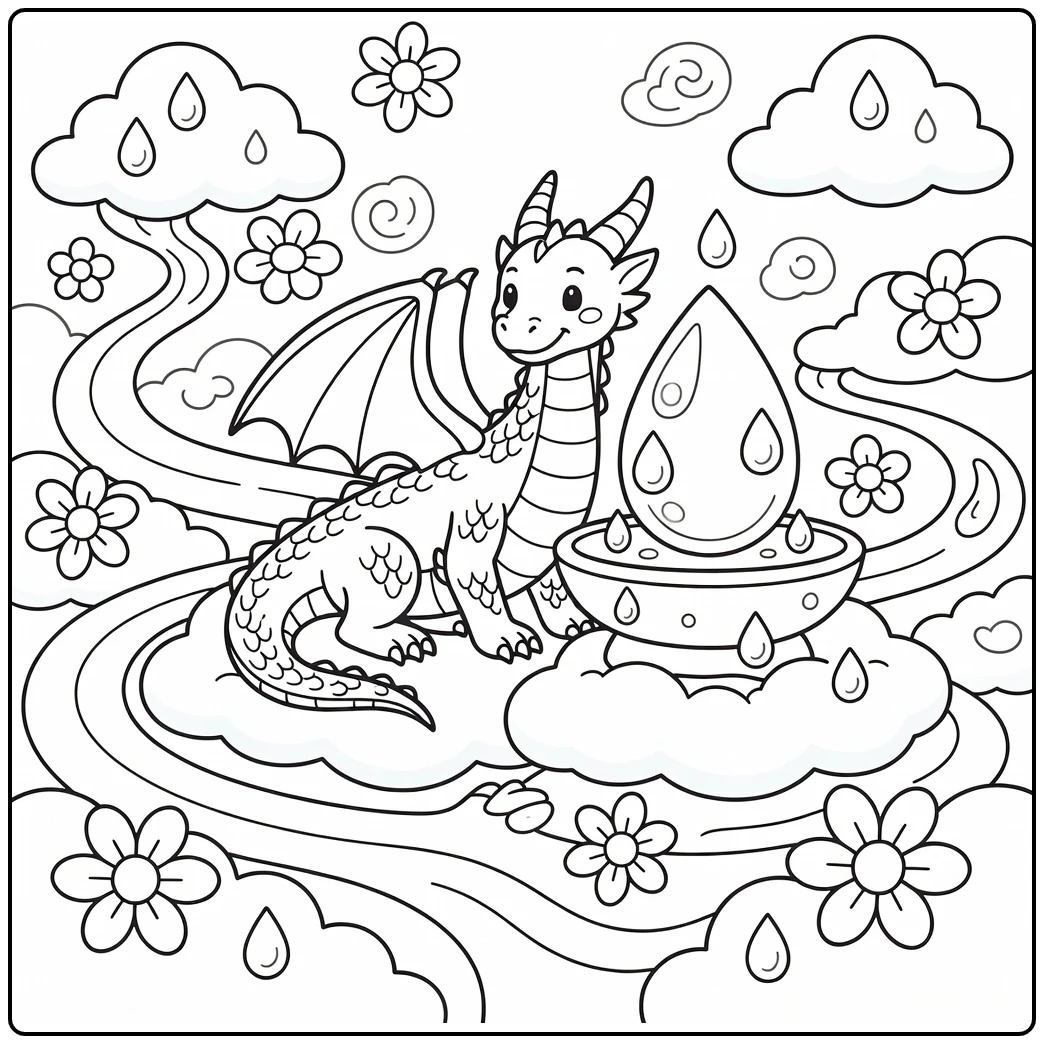 Blue dragon coloring page: curls around crystal fountain in clouds