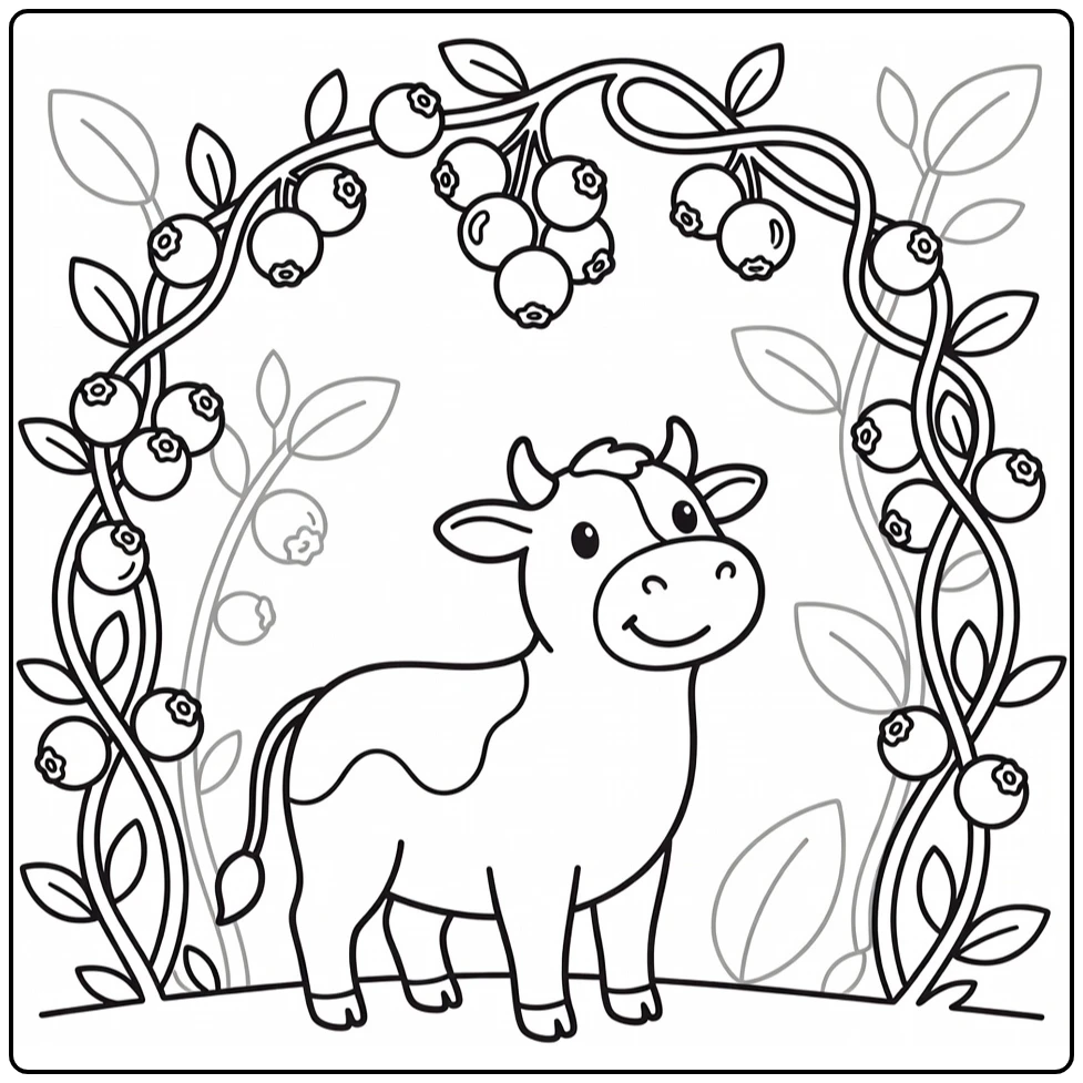 Blueberry cow coloring pages: gazing at berries under vines