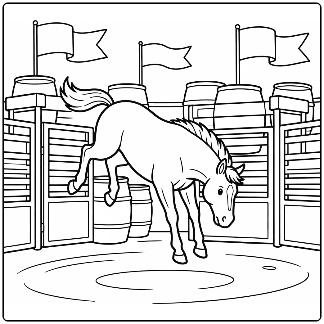 Bucking horse coloring page with rodeo arena action