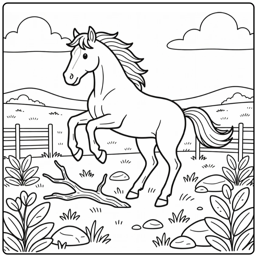 Free spirited bucking horse coloring page with meadow view