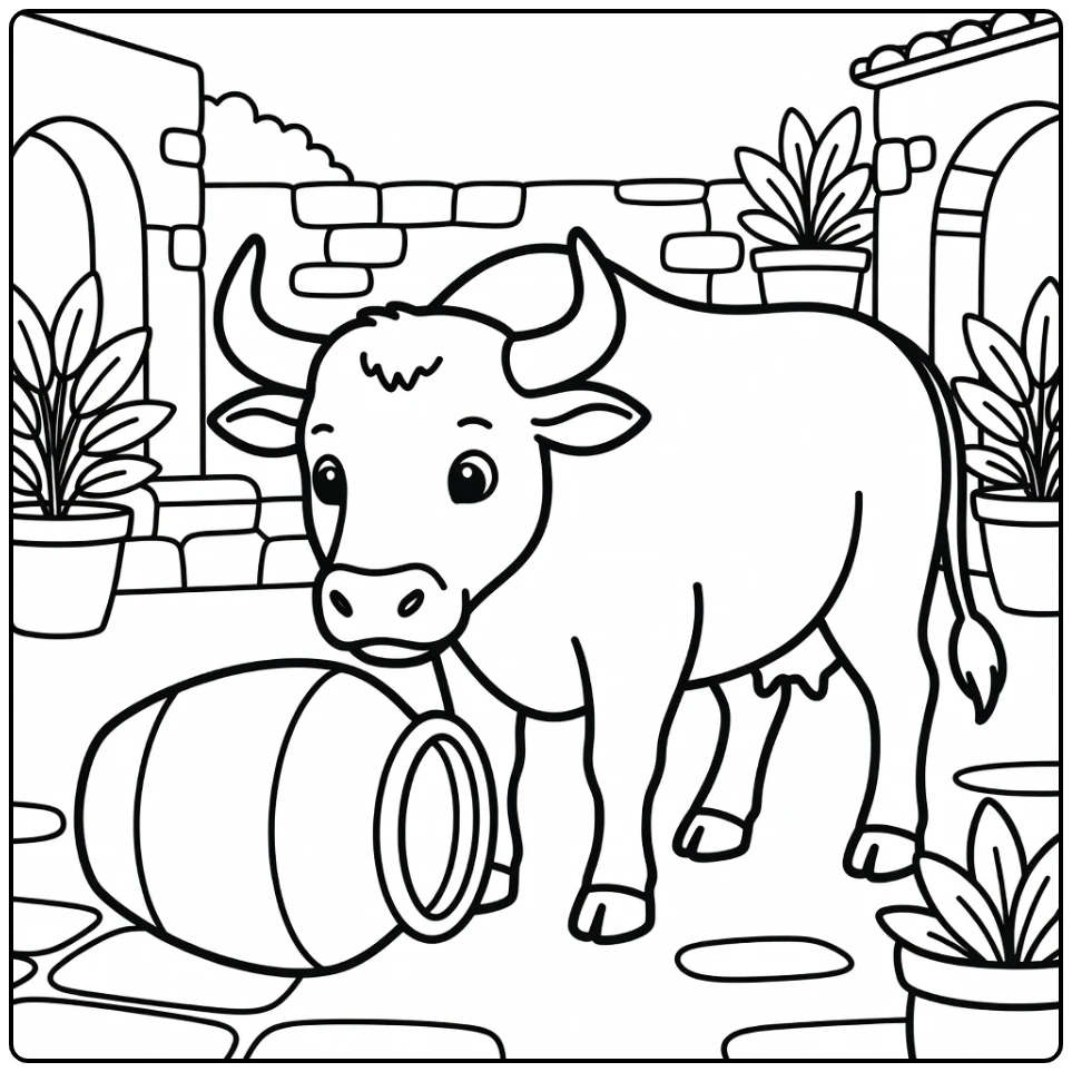 Curious bull sniffing overturned jar, bull coloring pages (52 chars)