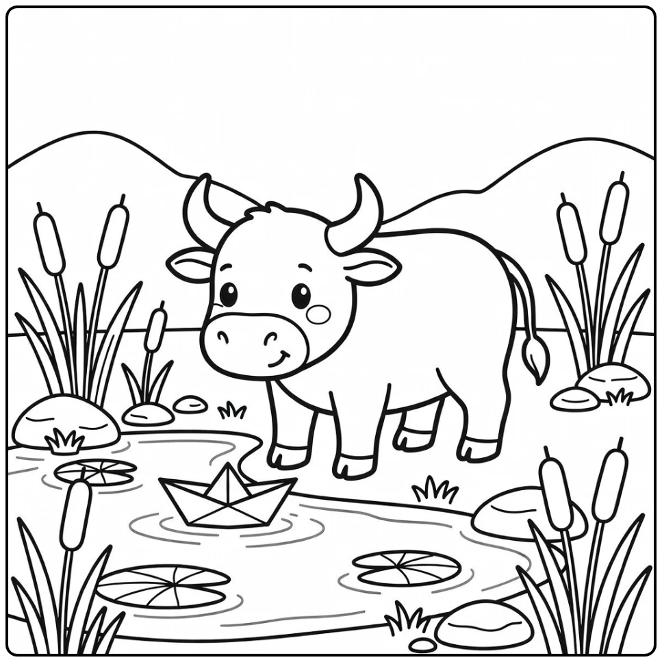 Bull coloring pages for kids: bull sniffing paper boat in pond