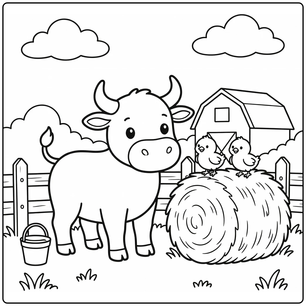 Bull coloring pages for kids: cute bull watches chicks on hay