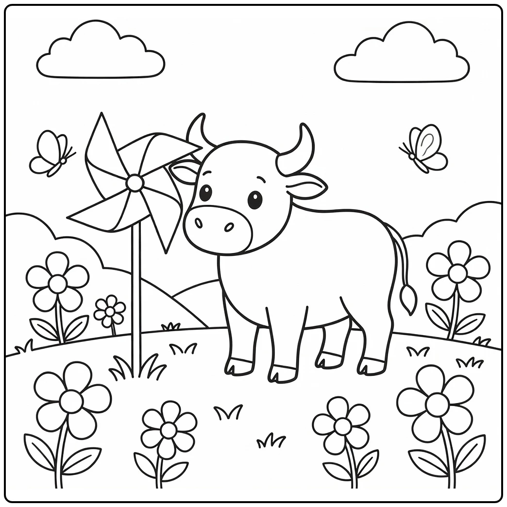 Bull coloring pages for kids: friendly bull nudges pinwheel