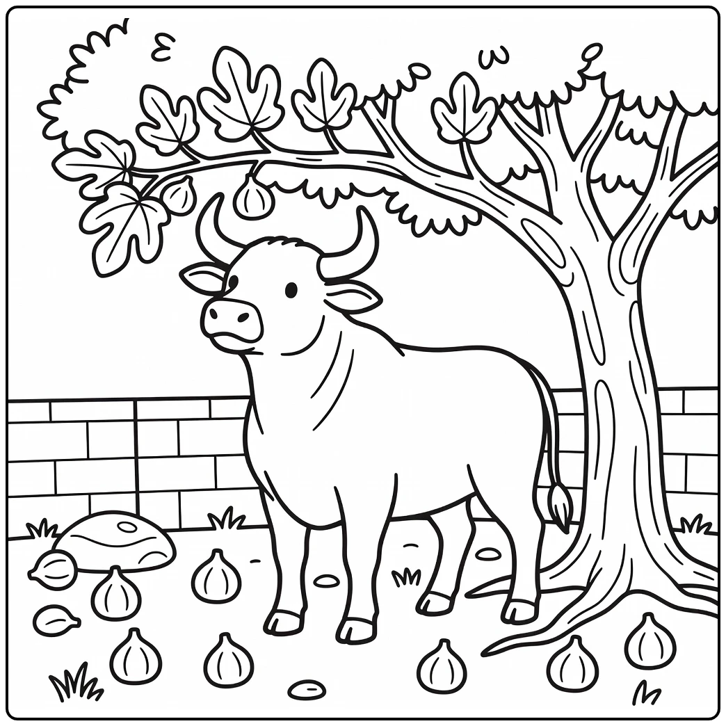 Cute bull under fig tree reaching branch bull coloring pages