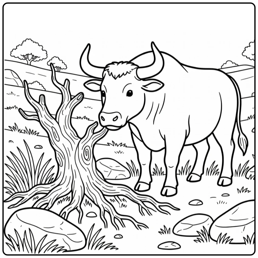Curious bull examining tree root on ridge, bull coloring pages