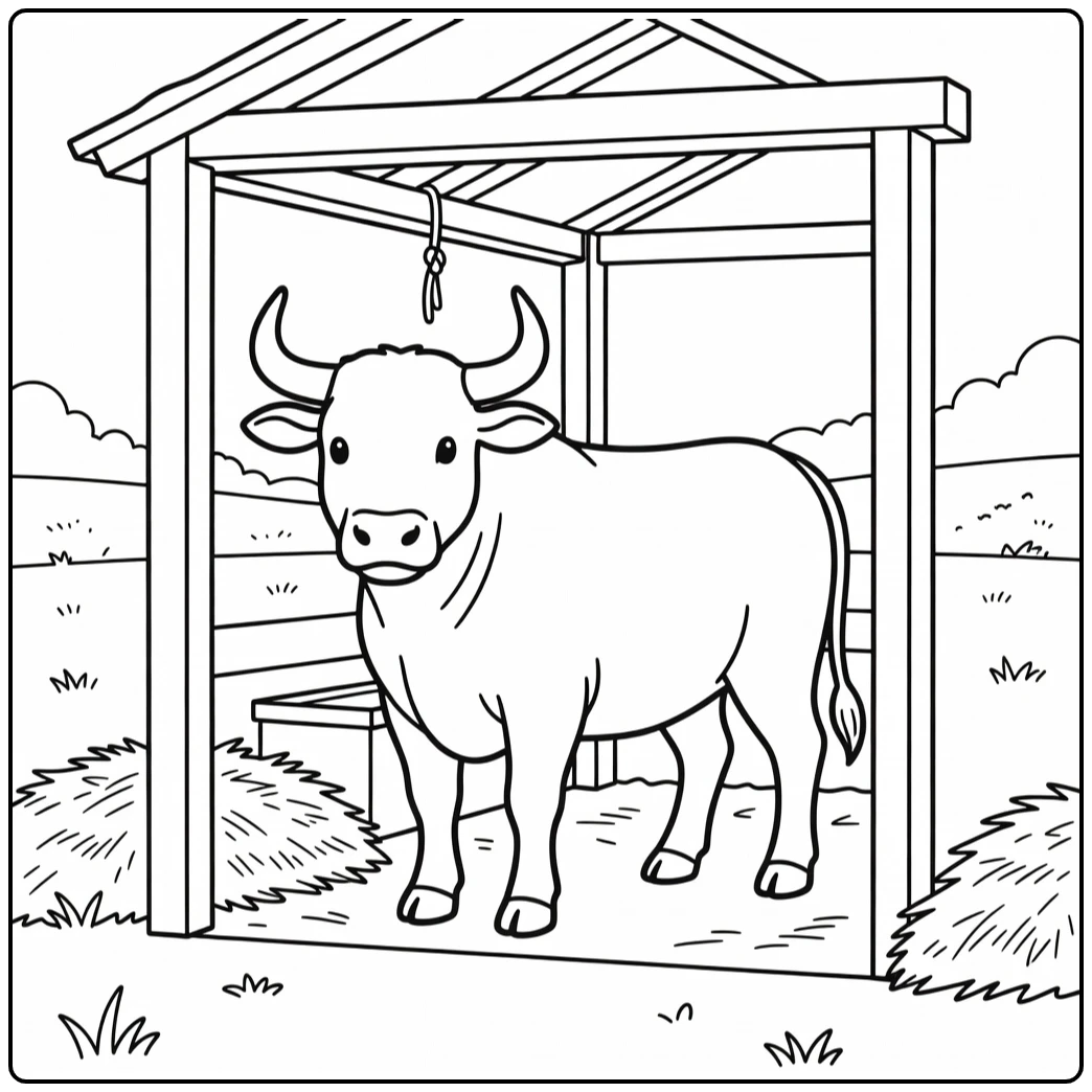 Cute bull in open shed looking out - bull coloring pages