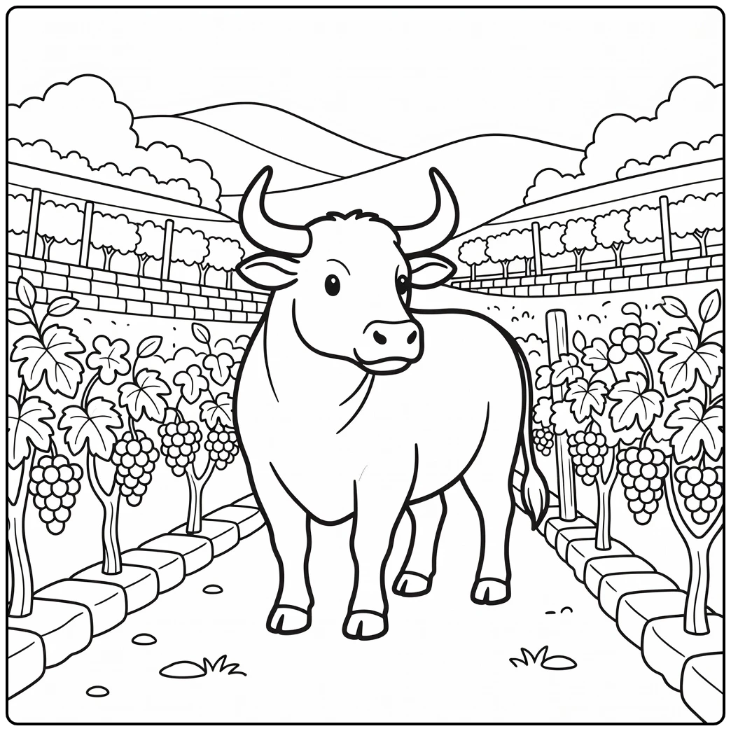 Cute bull in terraced vineyard eyeing grapes - bull coloring pages