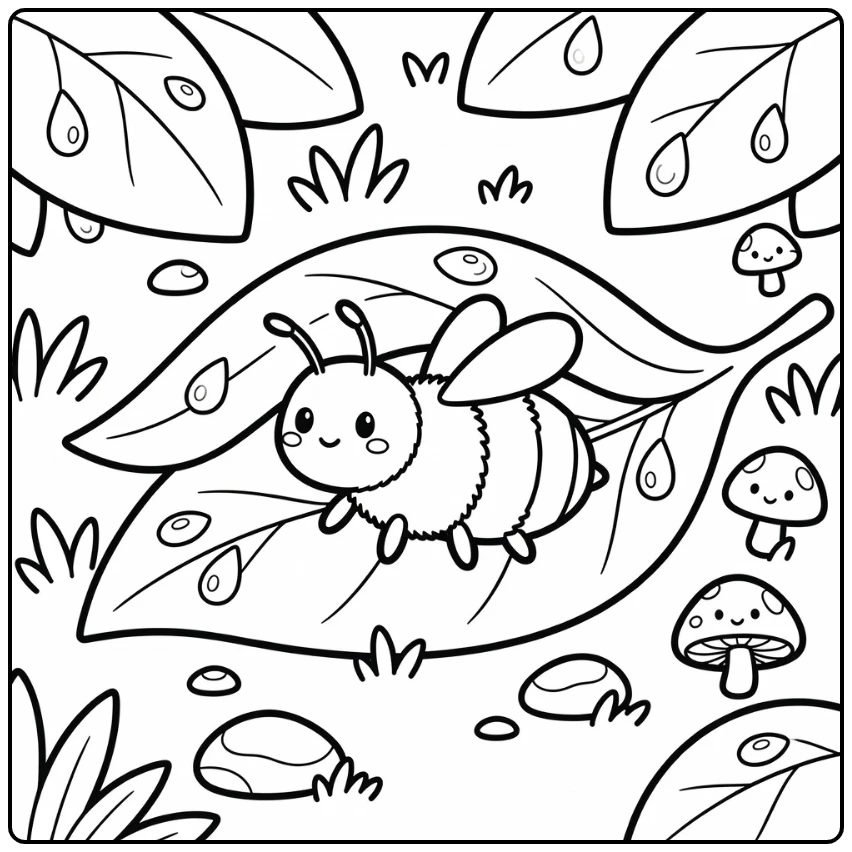 Bumble bee coloring page with dew drops and leaves