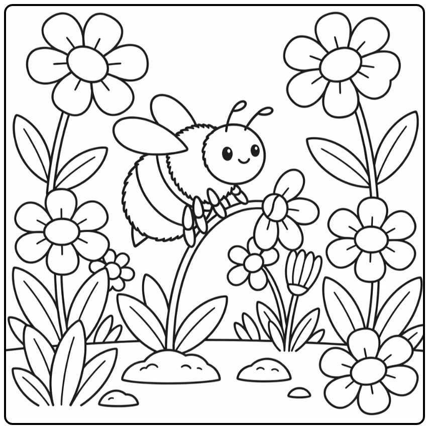 Bumble bee coloring page showing bee on wildflower stem