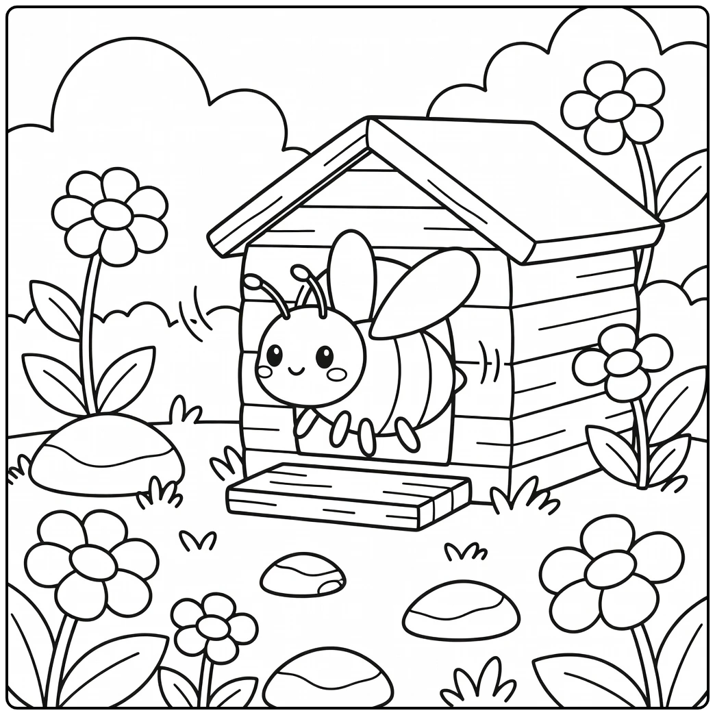 Busy bee coloring page with bee at wooden hive entrance